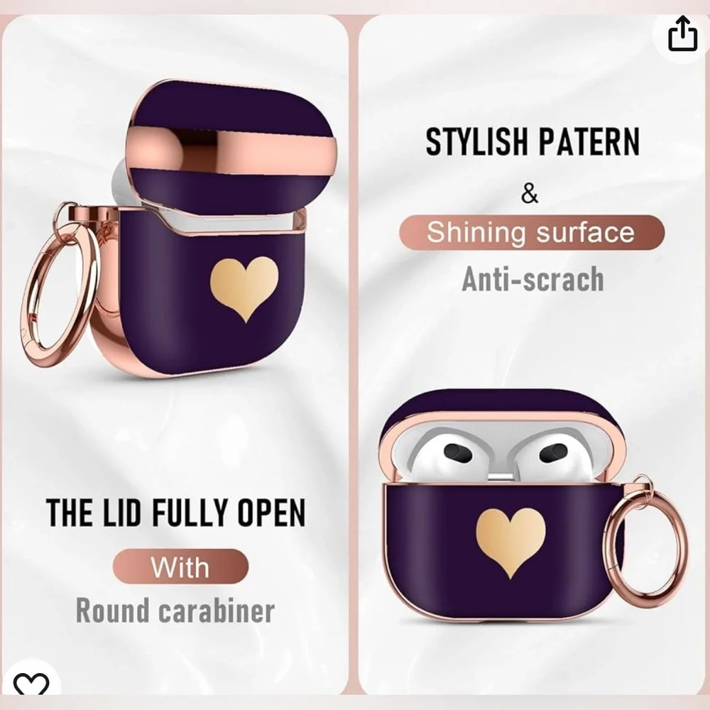 Dark Purple with Gold Heart Pattern & Lanyard Shockproof Case for AirPods